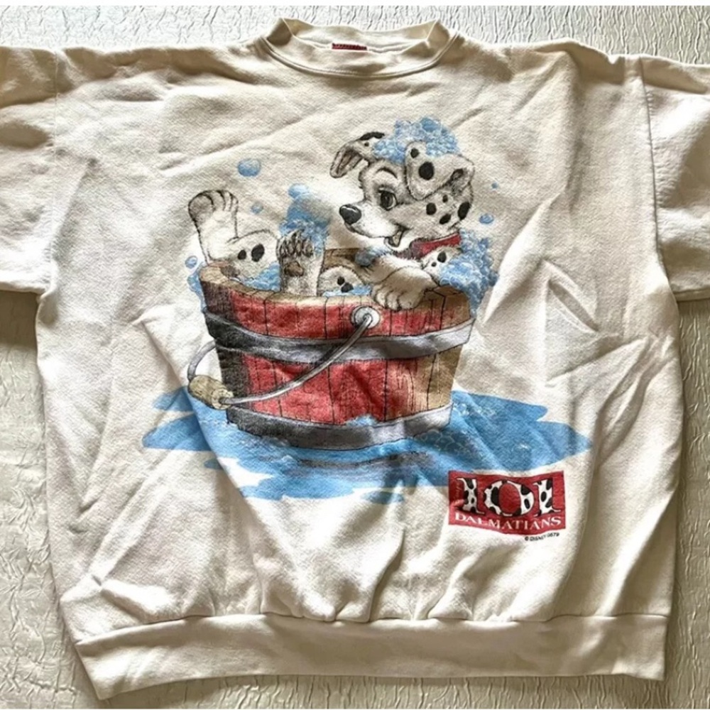 Vtg Disney 101 Dalmatians Jerry Leigh Sweatshirt Pup Bath Suds Wooden Barrel USA